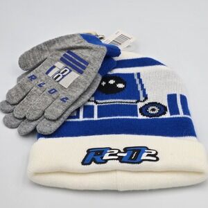 Star Wars R2D2  Youth Knit hat beanie gloves Set Blue, White, Gray Stretch